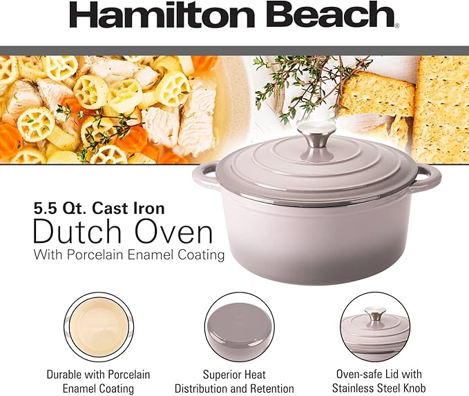 Hamilton Beach 5.5-Quart Enameled Cast Iron Dutch Oven with Lid | Heavy-Duty Pot for Braising