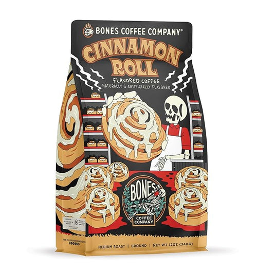 Bones Coffee Company Cinnamon Roll Flavored Coffee, Medium Roast Low Acid Arabica Beans Compatible