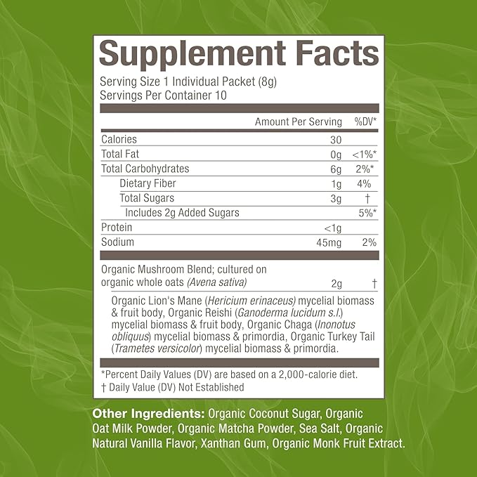 OM MUSHROOM SUPERFOOD Matcha Latte Blend Mushroom Powder, Single Serve, 10 Count, Green Tea, Lion's
