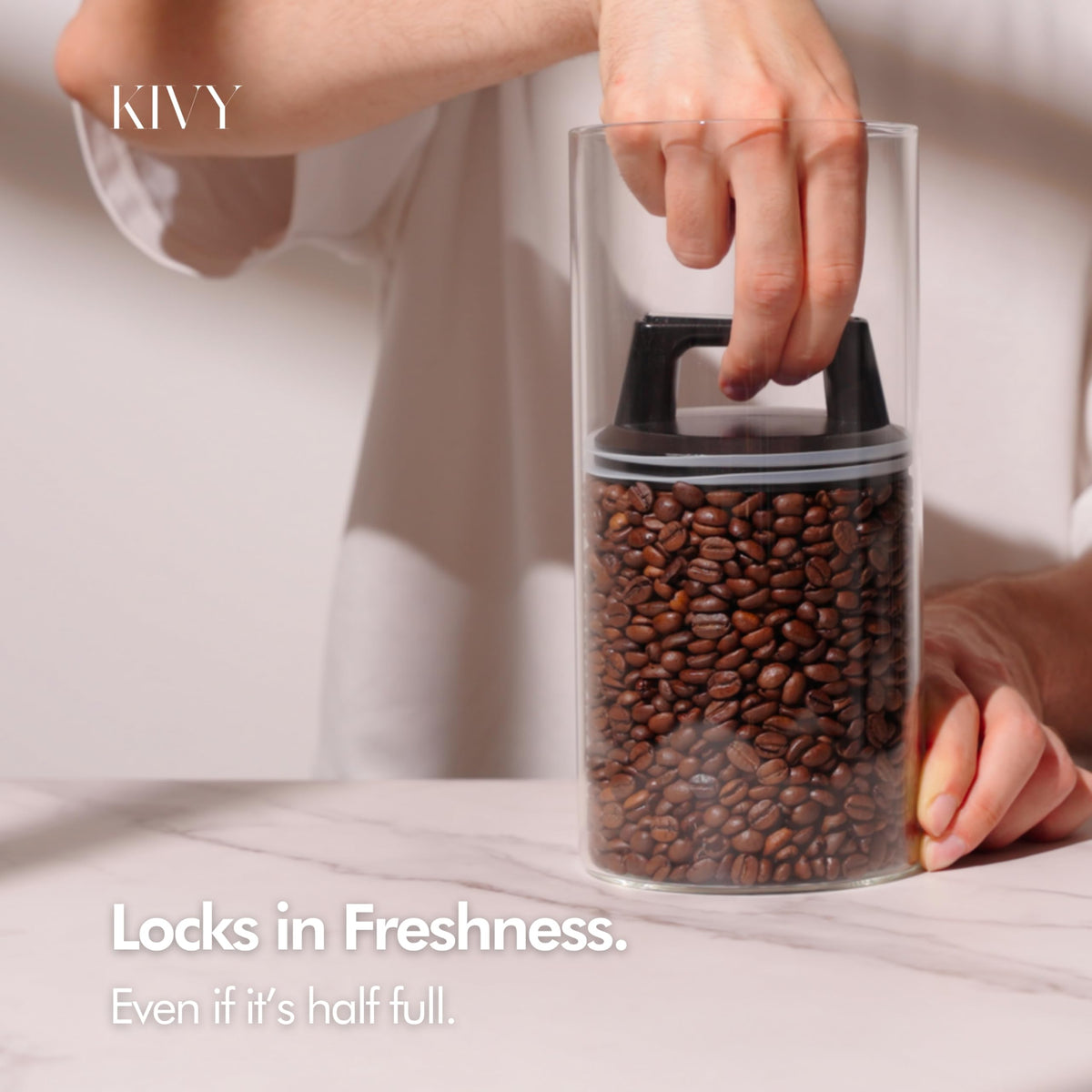 KIVY Vacuum Coffee Canister - Push Lid Preserves Aroma & Oil - Stainless Steel Airtight Container