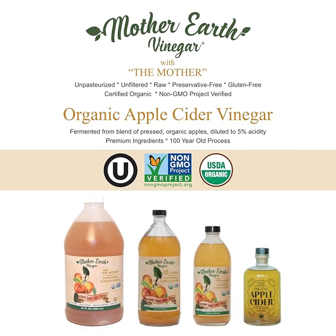 Mother Earth, Organic Apple Cider Vinegar with The Mother, Half Gallon, Fresh Pressed Organic