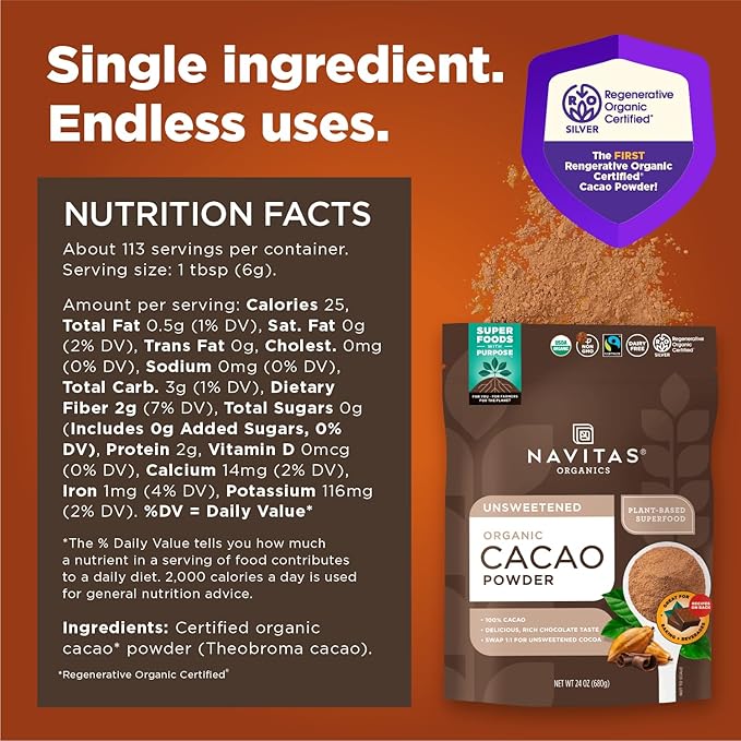 Navitas Organics Cacao Powder - Cocoa Powder Substitute 1:1, For Hot Chocolate, Baking & More