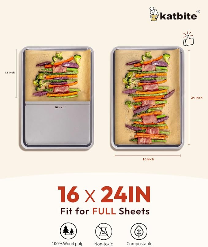 Katbite 16x24 Inch Parchment Paper Sheets, 100Pcs Non-Stick Precut Baking Parchment, Unbleached