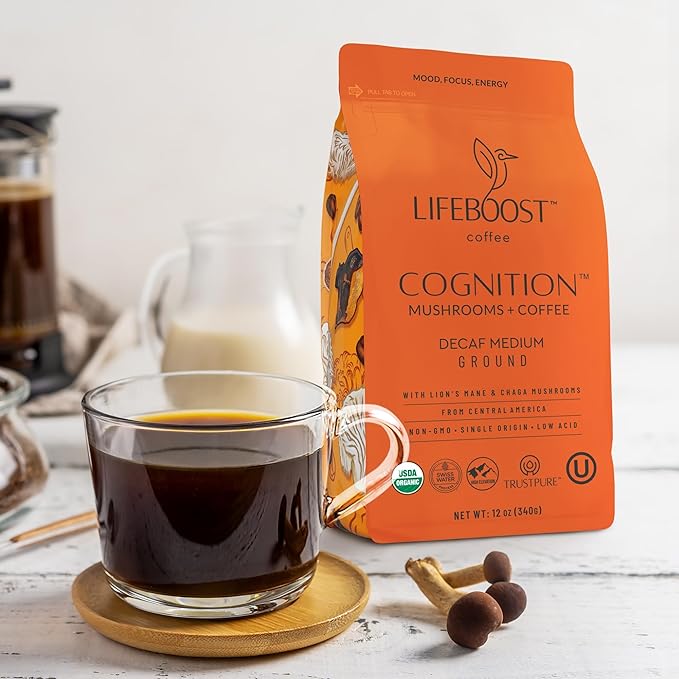 Lifeboost Cognition Decaf Mushroom Coffee - Low Acid Decaf Medium Organic Coffee with Lions Mane &
