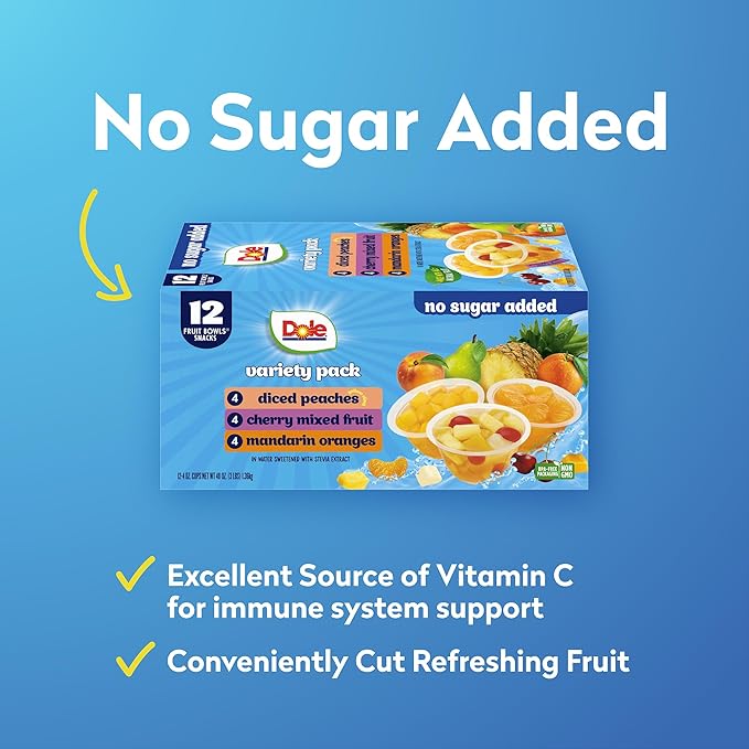 Dole Diced Peaches, Mandarin Oranges, and Cherry Mixed Fruit with No Sugar Added Variety Pack