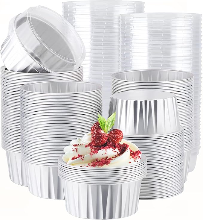 EUSOAR Silver Cupcake Liners, 200pcs 5oz Mini Cake Pans Aluminum Foil Baking Cups with Lids