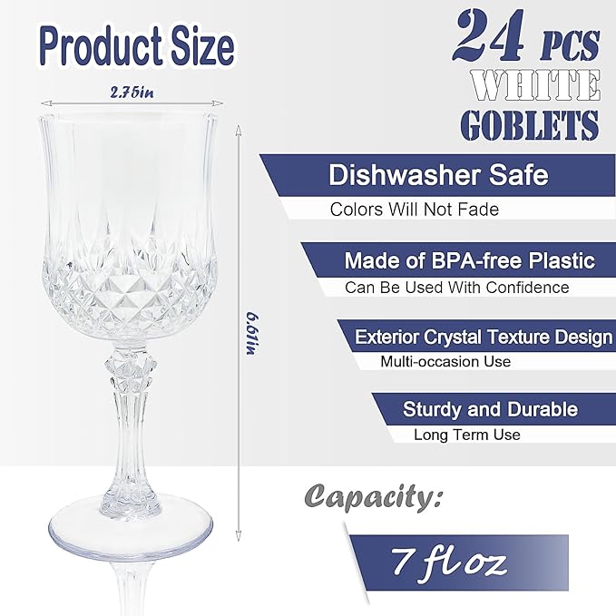 24 PCS Plastic Wine Glasses Clear,Reusable Plastic Wine Glasses,White Goblet Glass,Durable and