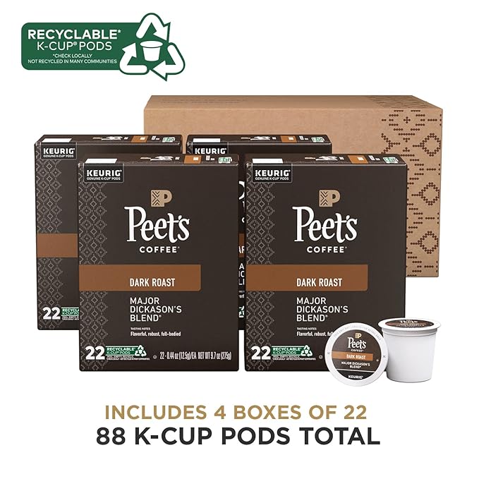 Peet's Coffee, Dark Roast Keurig K-Cup Pods - Major Dickason's Blend 88 Count (4 Boxes of 22 K-Cup