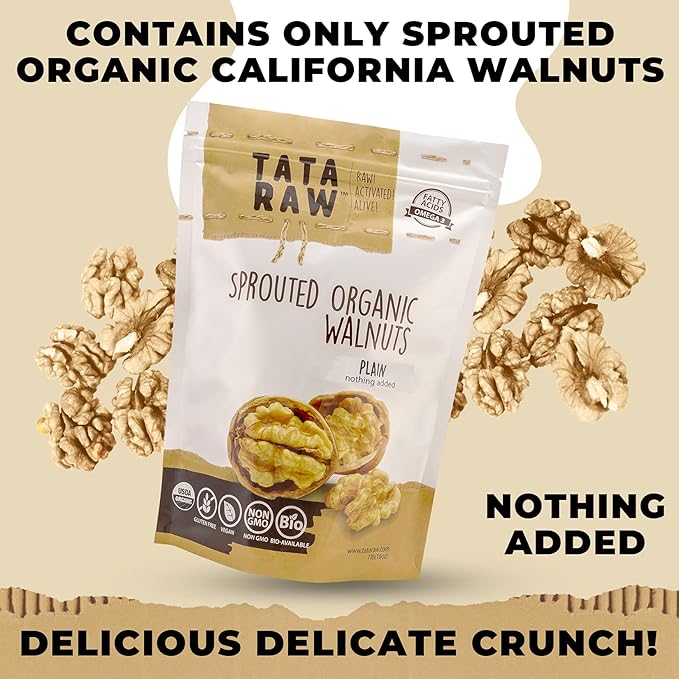 TATA RAW - Sprouted Organic Walnuts - PLAIN. Nothing added -1 lb. Soaked & Air dried SUPER QUALITY.
