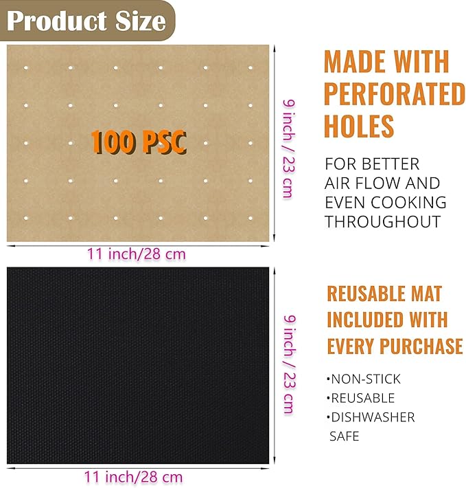 WMKGG 100 PCS Unbleached Air Fryer Parchment Paper, 11 x 9 inch Perforated Rectangular Air Fryer