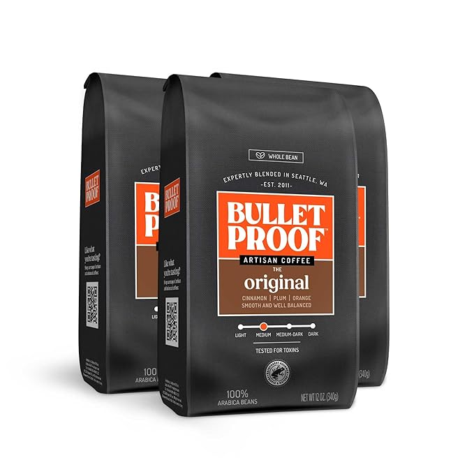 Bulletproof Original Medium Roast Whole Bean Coffee, 12 Ounces (Pack of 3), Clean Coffee Tested for