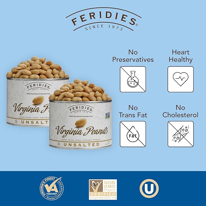 FERIDIES Unsalted Super Extra Large Gourmet Virginia Peanuts 18oz Can (Pack of 2)