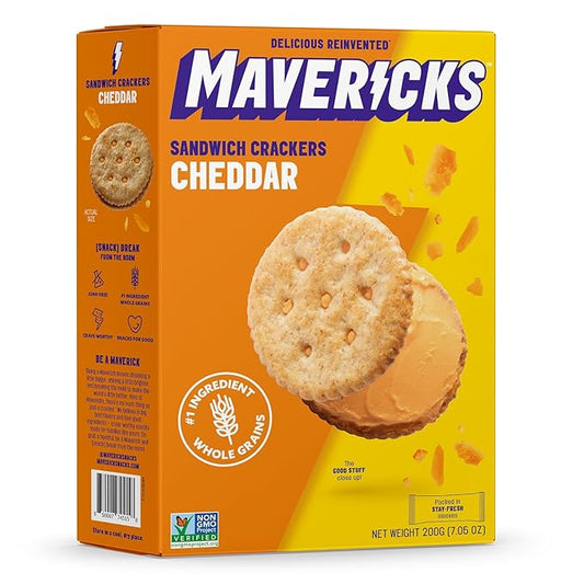 Mavericks Sandwich Crackers Cheddar - Cheese Filled Whole Grain Sandwich Cracker Snack Packs