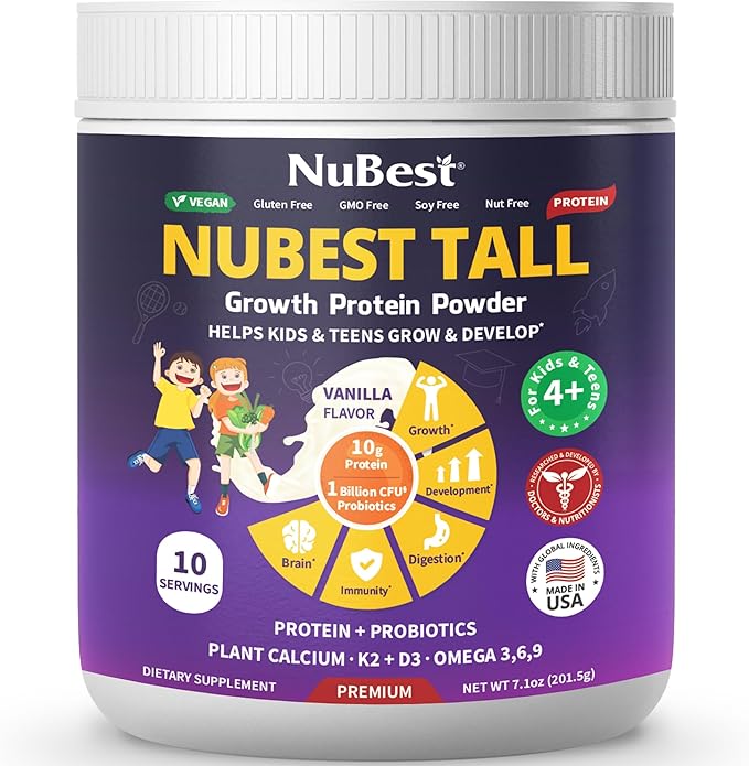 NuBest Tall Protein Powder for Kids & Teens - Vegan Vanilla Protein Powder Shake with Organic Red