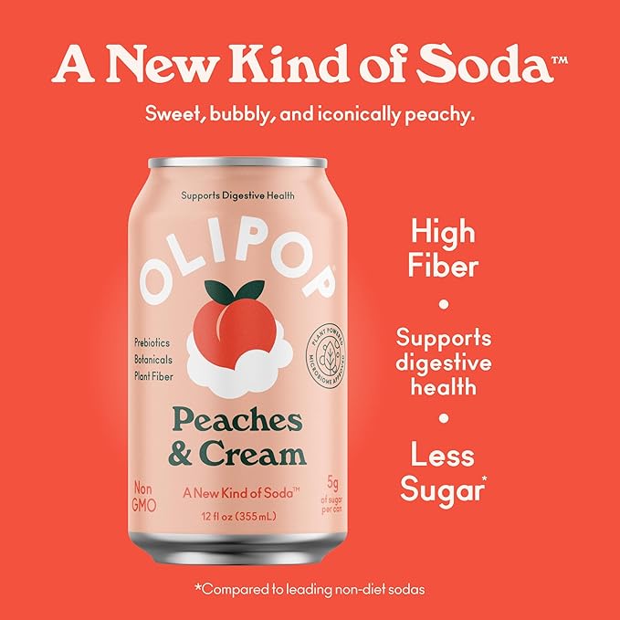 OLIPOP Prebiotic Soda Pop, Peaches & Cream, A New Kind of Soda Packed with Prebiotics, Fiber, and
