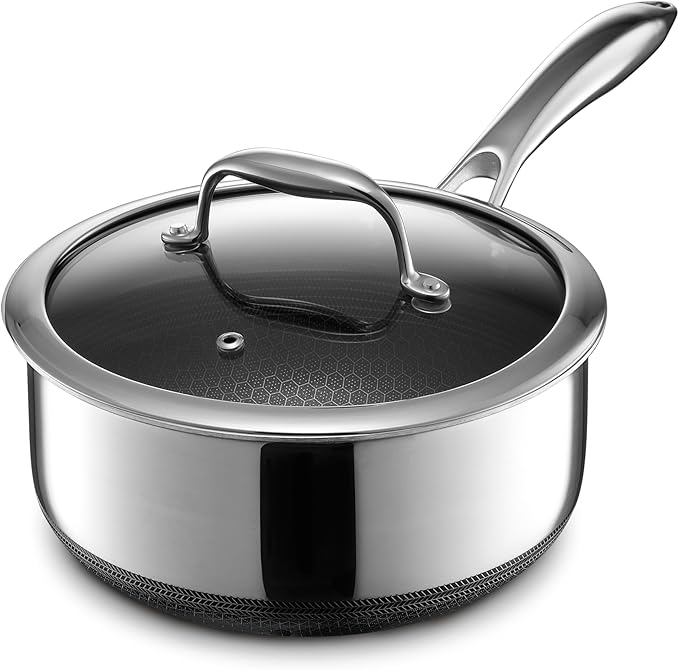 HexClad Hybrid Nonstick 3-Quart Saucepan with Tempered Glass Lid, Stay-Cool Handle