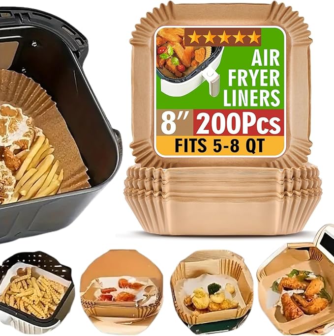 200 Pcs Air Fryer Liners Disposable, 8 Inch (20cm) Square, Thickened Non-Stick Parchment Paper
