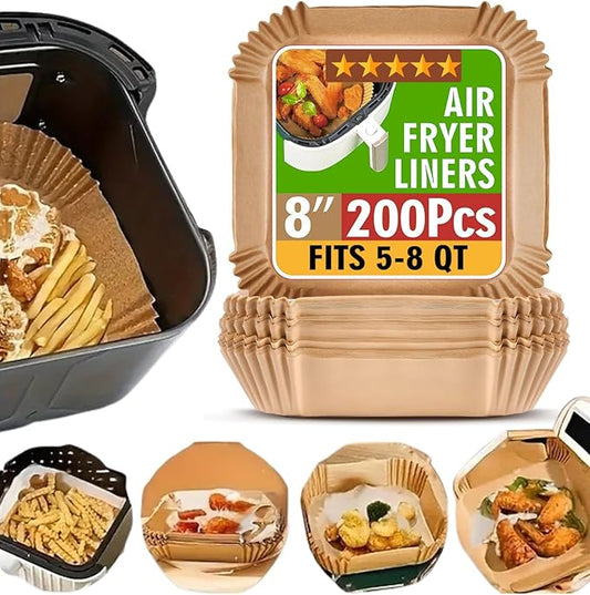 200 Pcs Air Fryer Liners Disposable, 8 Inch (20cm) Square, Thickened Non-Stick Parchment Paper
