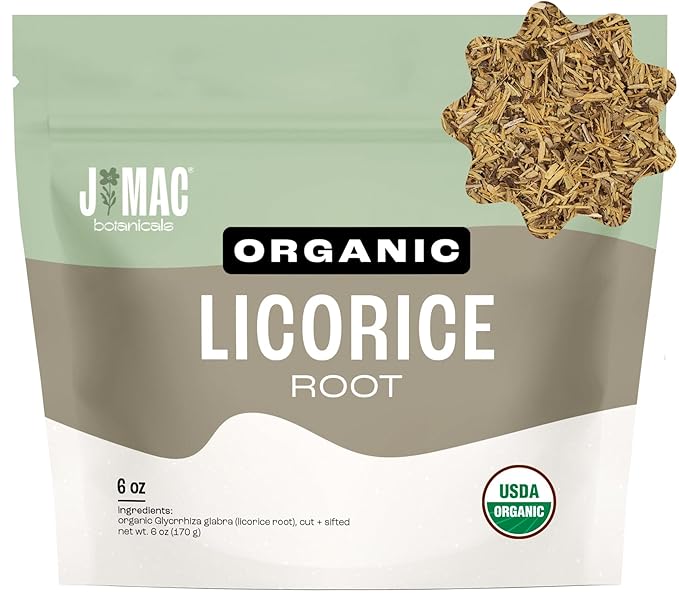 J Mac Botanicals Organic Licorice Root Tea, Cut and Sifted, Dried Herb, regaliz raiz organico