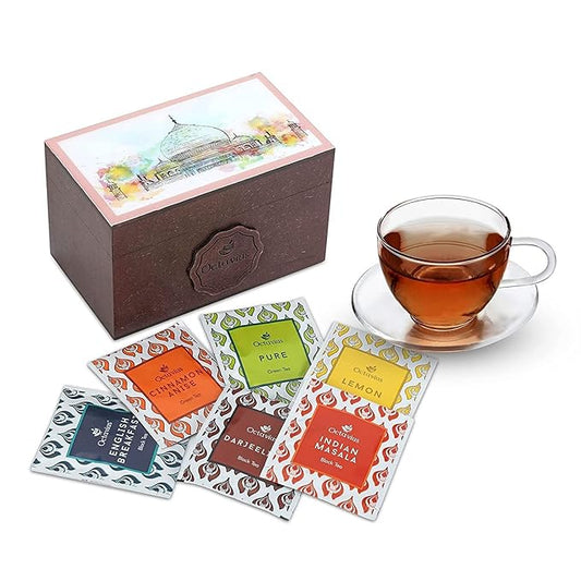 Octavius Assorted Tea Gift Set | 6 Assorted Black & Green Teas | 30 Teabags | Wooden Tea Sampler