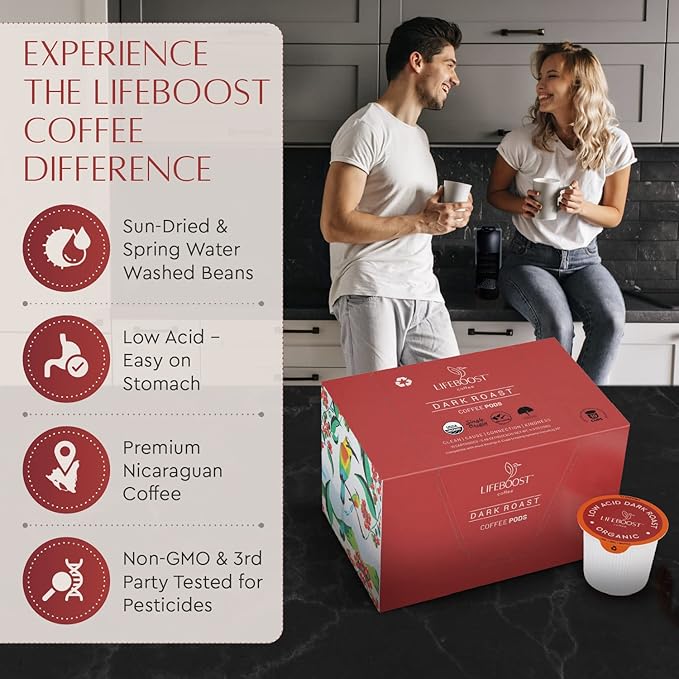 Lifeboost Dark Roast Low Acid Coffee K Cups - Single Origin Mold Free Non-GMO Organic Coffee Pods