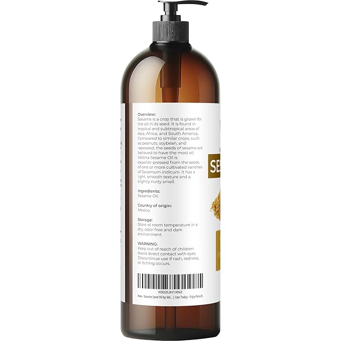 Sesame Seed Oil by Velona - 32 fl oz | 100% Pure and Natural Carrier Oil | Refined, Expeller