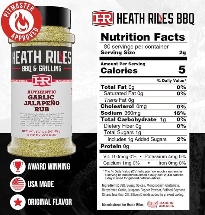 Heath Riles BBQ Rub - Garlic Jalapeño Seasoning, Champion Pitmaster Recipe, Legendary Rubs For