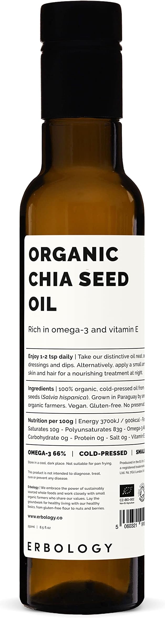 Erbology Organic Chia Seed Oil 8.5 fl oz - Cold-Pressed - Rich in Omega-3 (66%) and Vitamin E (330%
