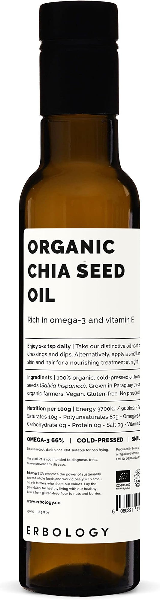 Erbology Organic Chia Seed Oil 8.5 fl oz - Cold-Pressed - Rich in Omega-3 (66%) and Vitamin E (330%