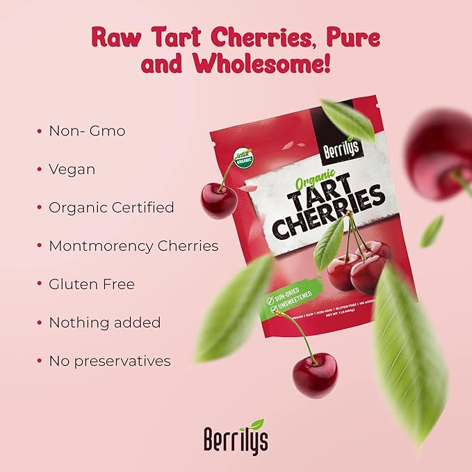 Berrilys Organic Unsweetened Dried Tart Cherries 1 lb, (16 oz) - No Sugar Added, Perfect for