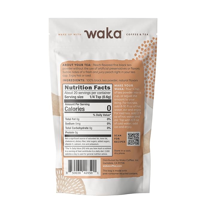 Waka Instant Black Tea Mix, Peach Flavored - 100% Tea Leaves, No Additives, Unsweetened