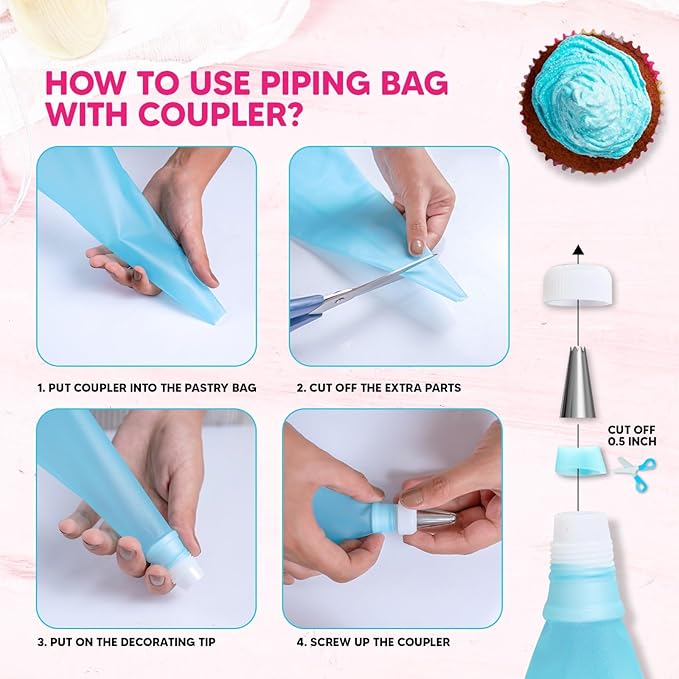 Riccle Piping Bags and Tips Set, 11.8 Inch 100 Anti Burst Piping Bags, 124 Pcs Cake Decorating Kit