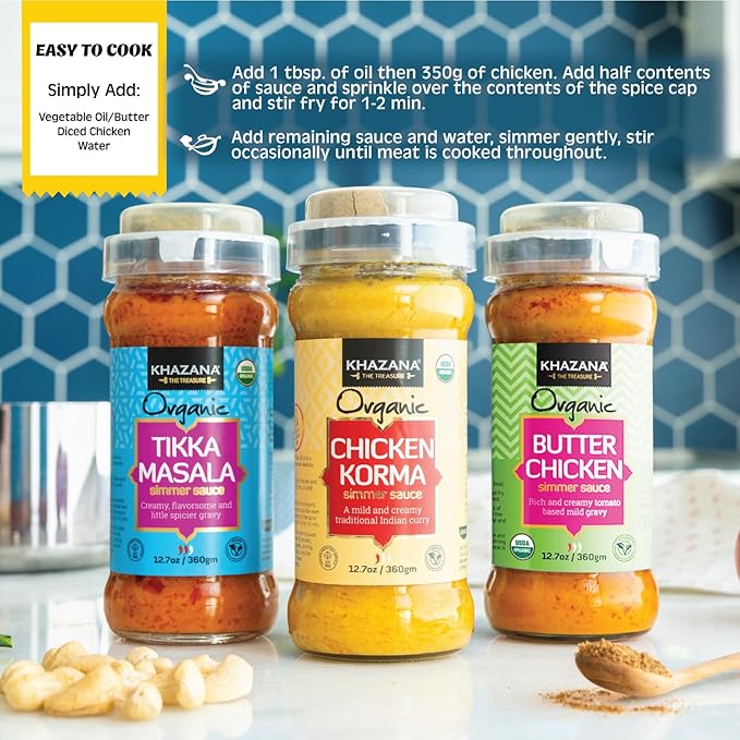 Khazana ORGANIC Chicken Korma Indian Simmer Sauce - 12.7oz Jars | Non-GMO, Vegan, Gluten Free