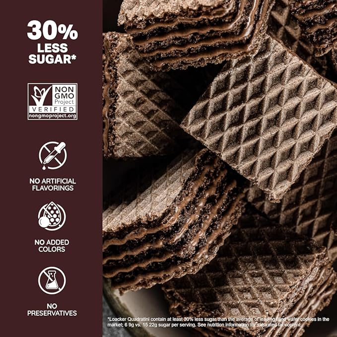 Loacker Quadratini Double Choc Wafer Cookies LARGE - 30% Less Sugar - Premium Crispy Bite Size