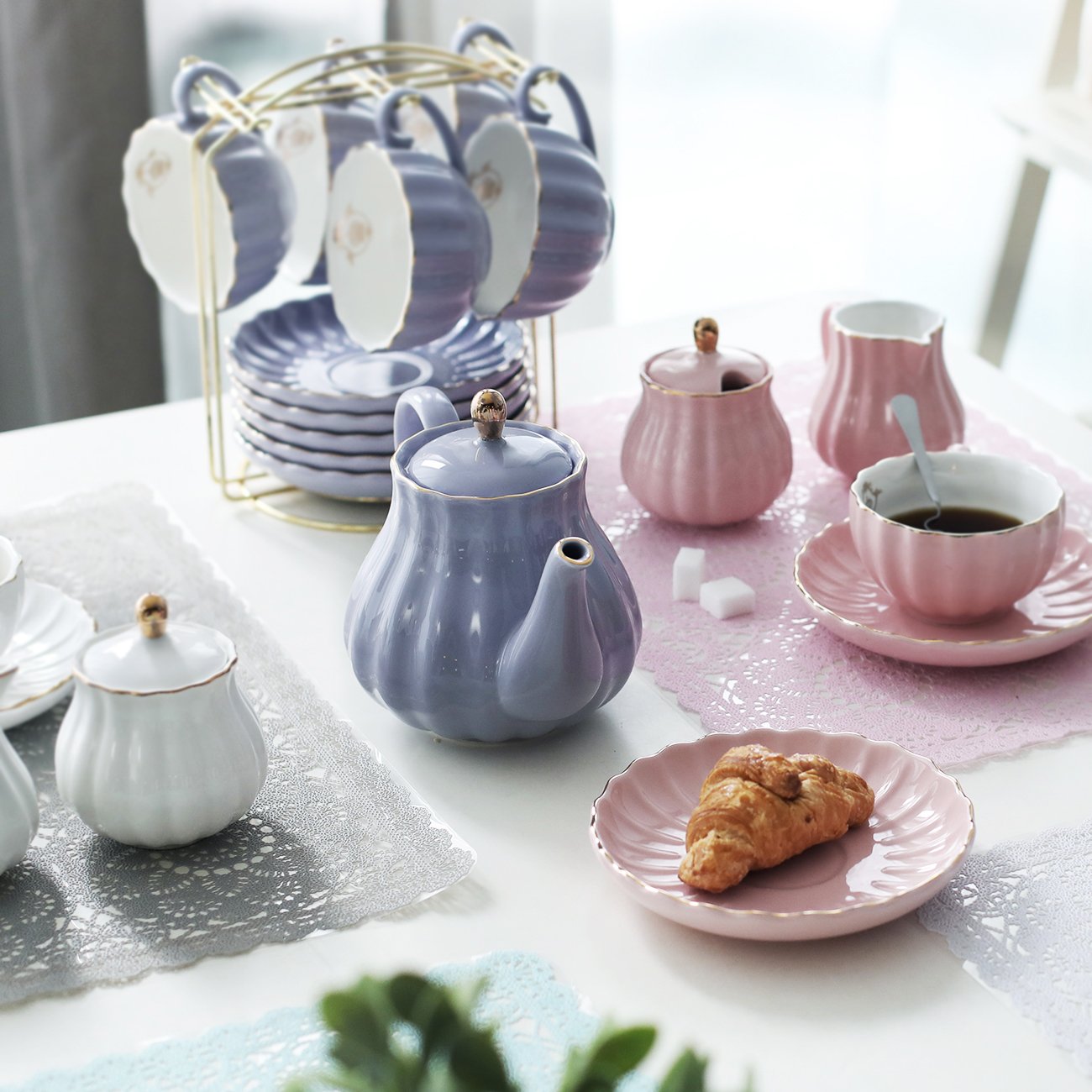 Porcelain Tea Sets British Royal Series, 8 OZ Cups& Saucer Service for 6, with Teapot Sugar Bowl