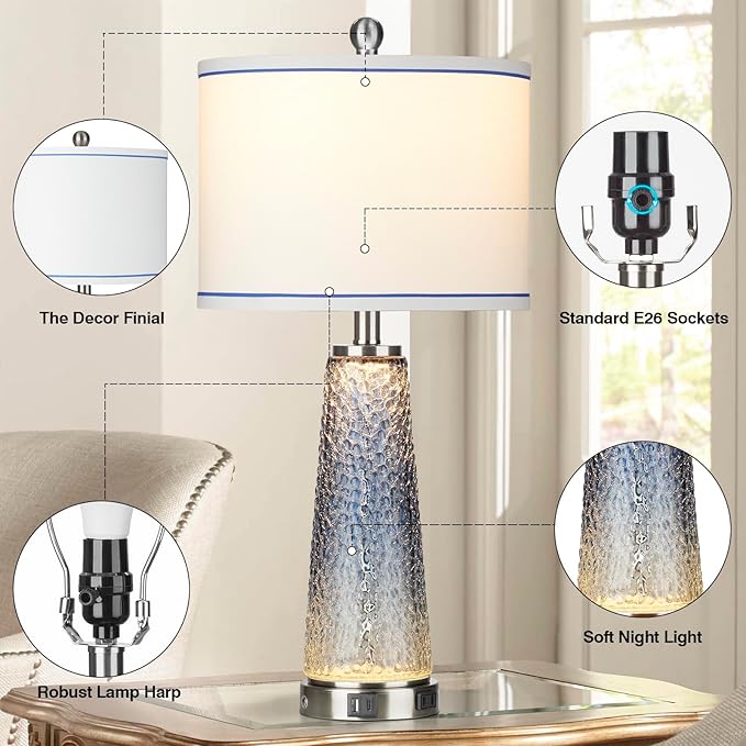 Coastal Glass Table Lamps for Living Room, 26" Table Lamps with USB A+C Ports & AC Outlet, Touch