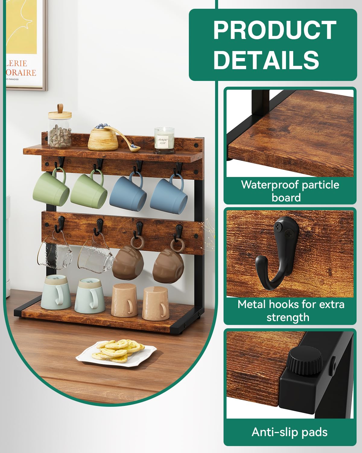IBUYKE Countertop Mug Tree,Coffee Mug Cup Holder,Brown TBJ002H