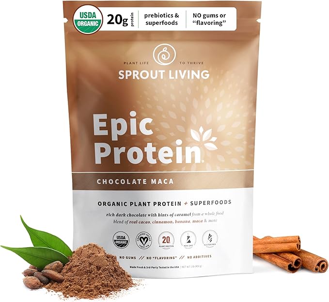 Sprout Living Epic Protein, Plant Based Protein & Superfoods Powder, Chocolate Maca Powder | 20