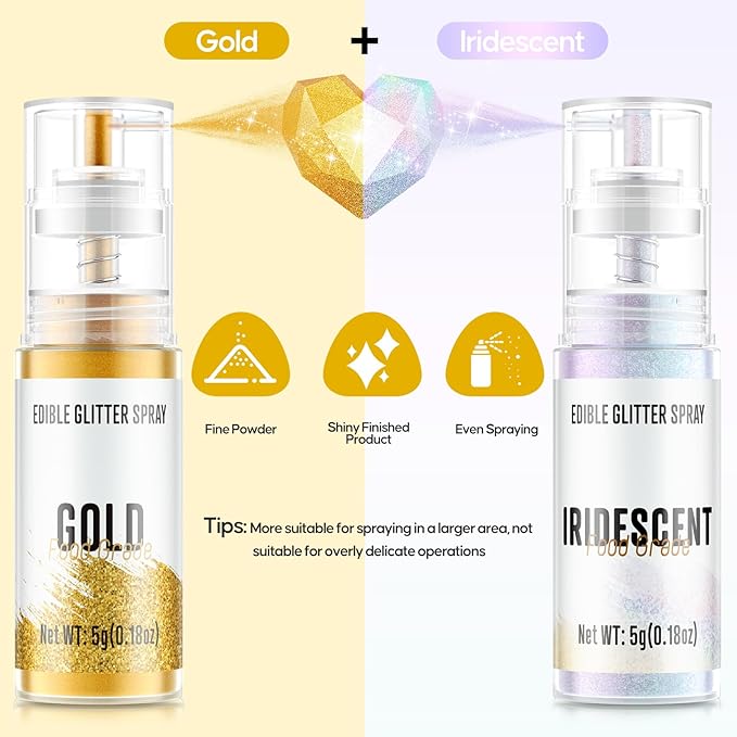 Edible Glitter Spray,2 Colors Gold & Iridescent Food Grade Edible Glitter Set for Drink Cake