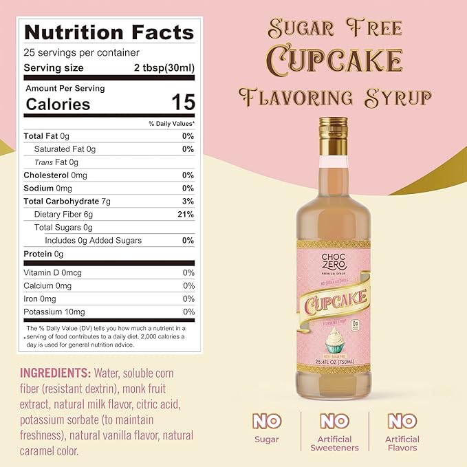 ChocZero Sugar Free Coffee Syrup, Cupcake Flavor, No Sucralose Simple Syrup Drink Mix, Birthday