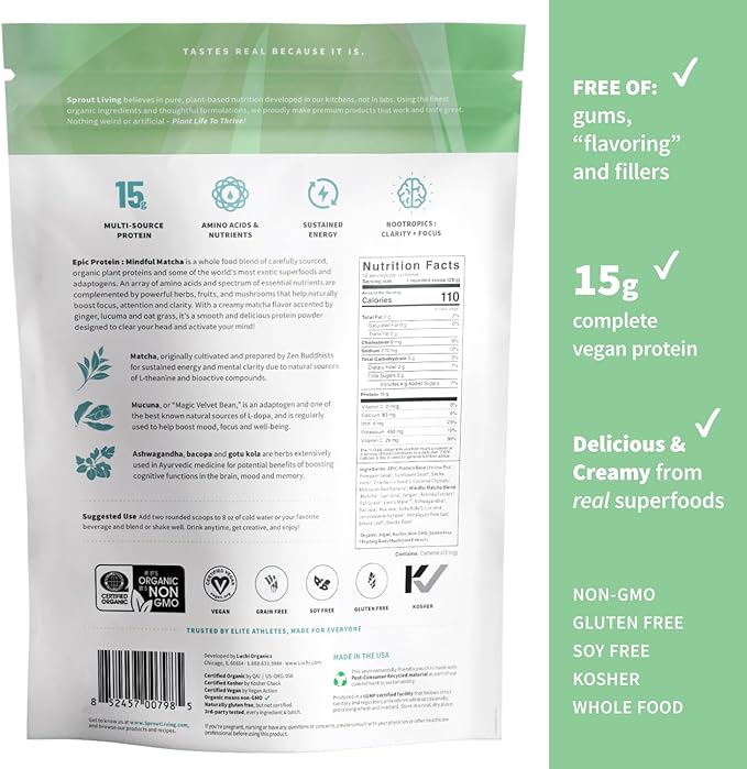 Sprout Living Epic Protein, Plant Based Protein & Superfoods Powder, Mindful Matcha | 17 Grams