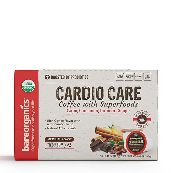 BareOrganics 13313 Cardio Care USDA Organic Coffee Pods, Compatible Organic Coffee Pods, Infused