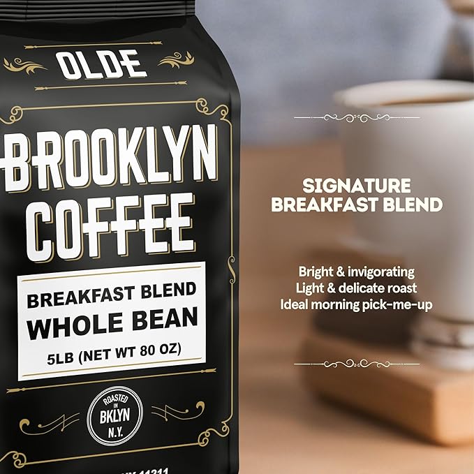 BROOKLYN COFFEE Whole Bean, Breakfast Blend Light Medium Roast (5lb) Delicate, Smooth, Low Acidity