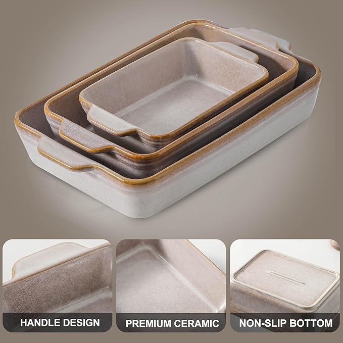 HVH 9x13 Baking Dish Set, Large Casserole Dishes for Oven, Ceramic Bakeware Set of 3, Rectangular