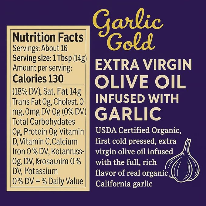 Garlic Gold Extra Virgin Olive Oil Infused with Garlic, Premium Certified USDA Organic, Low FODMAP