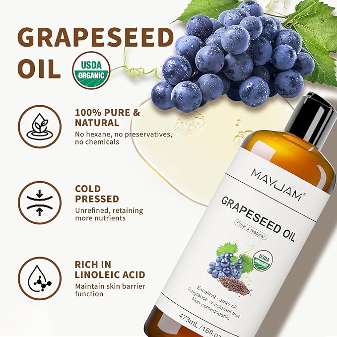 Organic Grapeseed Oil for Skin & Hair 16 oz, USDA Certified 100% Pure & Natural Grape Seed Oils
