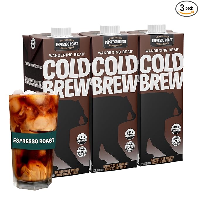 Wandering Bear Espresso Roast Organic Cold Brew Coffee, 32 fl oz, 3 pack - Extra Strong, Bold
