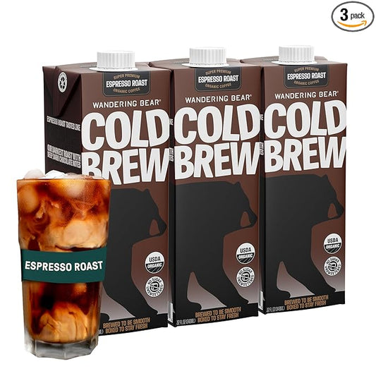 Wandering Bear Espresso Roast Organic Cold Brew Coffee, 32 fl oz, 3 pack - Extra Strong, Bold