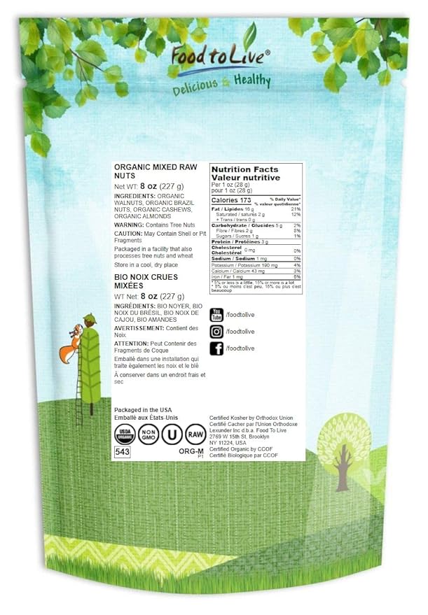 Food to Live Organic Mixed Raw Nuts, 2 Pounds ??Cashews, Brazil Nuts, Walnuts, Almonds, Non-GMO