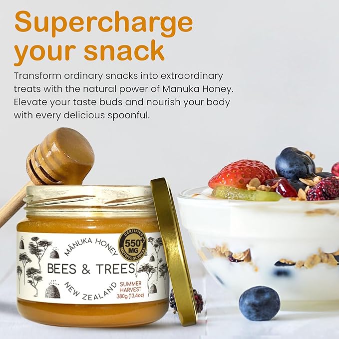 Bees & Trees Manuka Honey 550+ MGO – Pure New Zealand Raw Monofloral Honey – Unpasteurized &